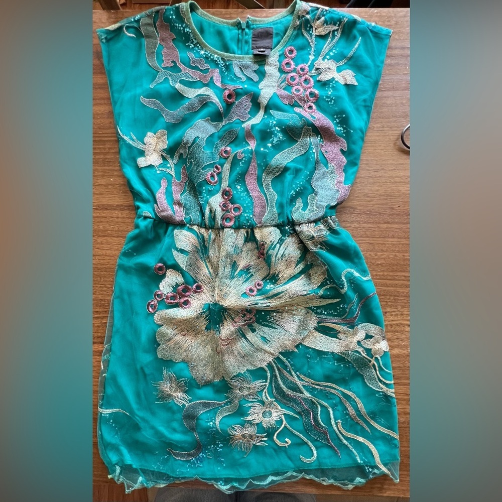 Anna Sui Teal Dress with Purple and Green Embroidery